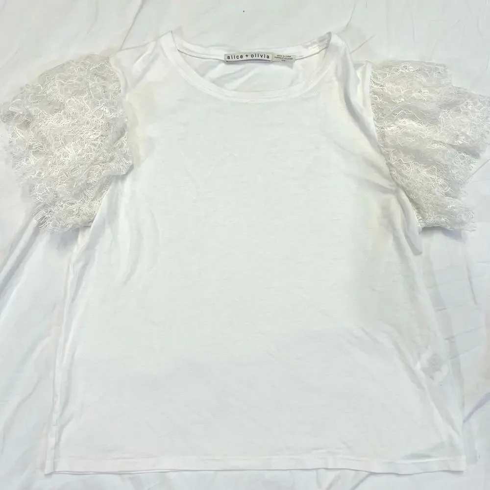 Alice & Olivia White Lace Sleeve Crop Stretchy Romantic Darcelle T-Shirt Medium - Picture 2 of 11
